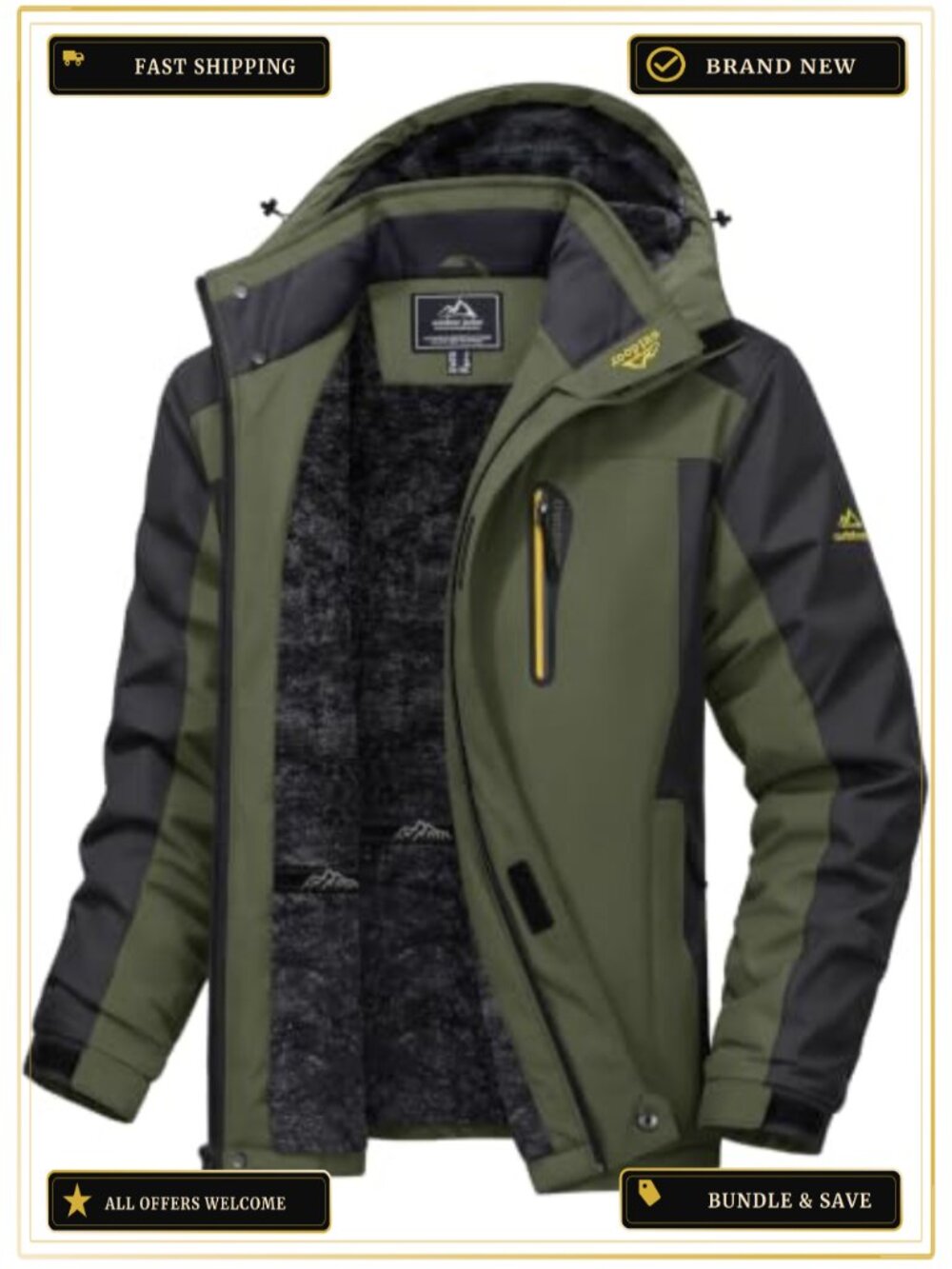 Men's Winter Ski Jacket Fleece Lined Water Resistant Hooded Coat